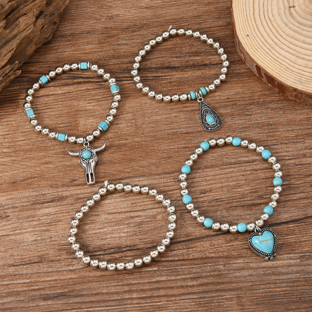 Wholesale Turquoise Set Beaded Bracelet Bull Head Heart Pendant Fashion Bracelet Versatile Design Bracelet