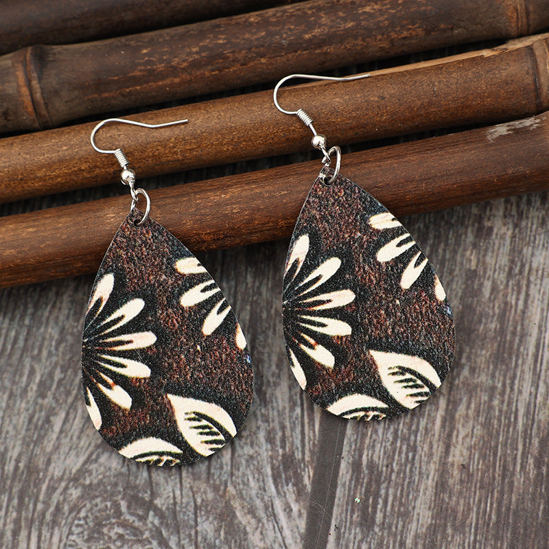 Wholesale Retro Water Drop Printed  Pendant Wooden Ladies Simple Earrings Earrings