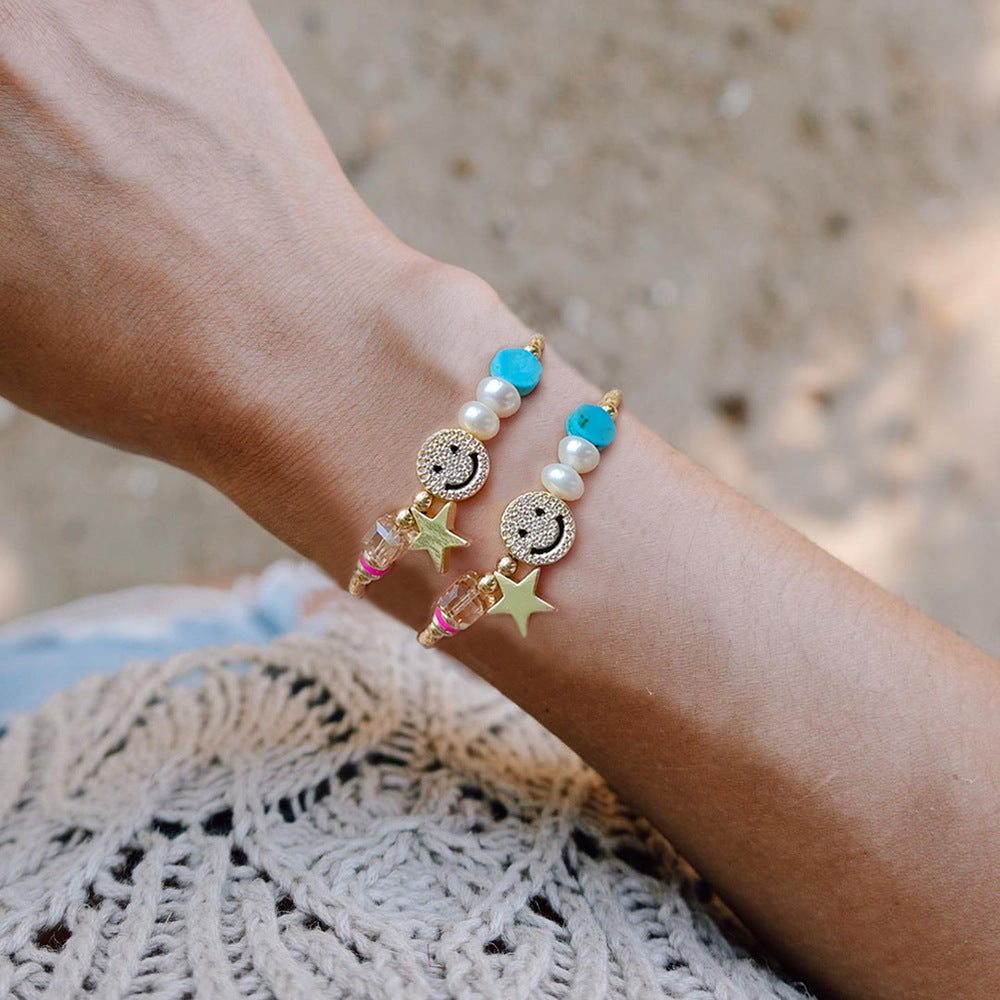 Wholesale Stacked Turquoise Handwoven Diamond Smiley Beaded Pearl Bracelet Miyuki ACC-BT-Qiqi013