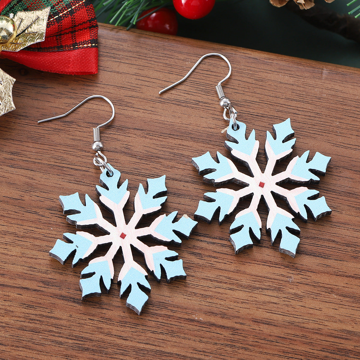 Wholesale Christmas gradient hollow snowflake pendant earrings wooden double-sided earrings