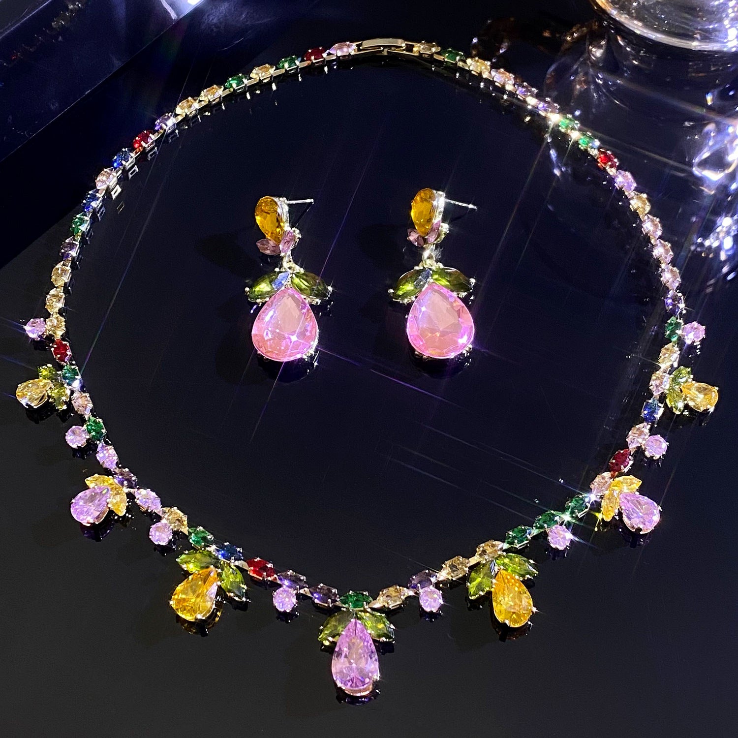 Wholesale Colorful Zircon Teardrop Leaf Necklace and Earring Set