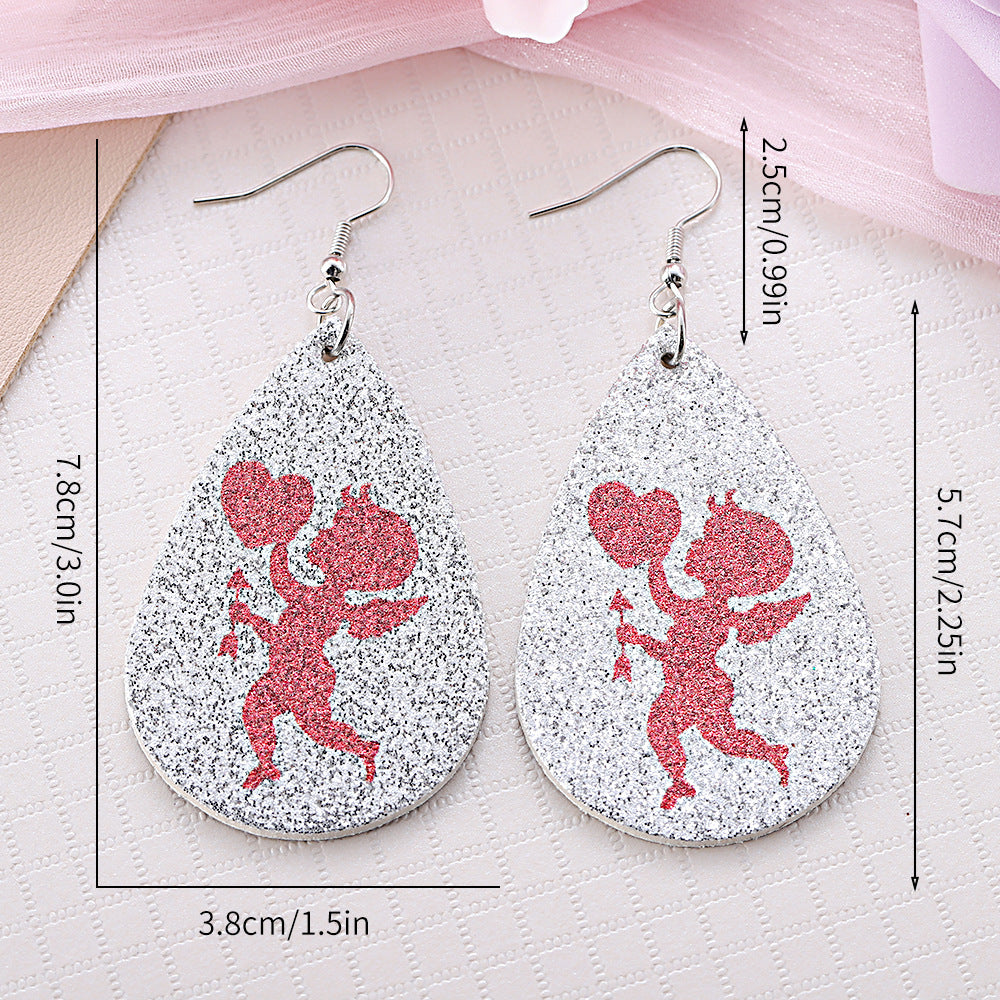 Wholesale Valentine's Day Eros Love Silver Sequin Water Drop Ear Leather Earrings