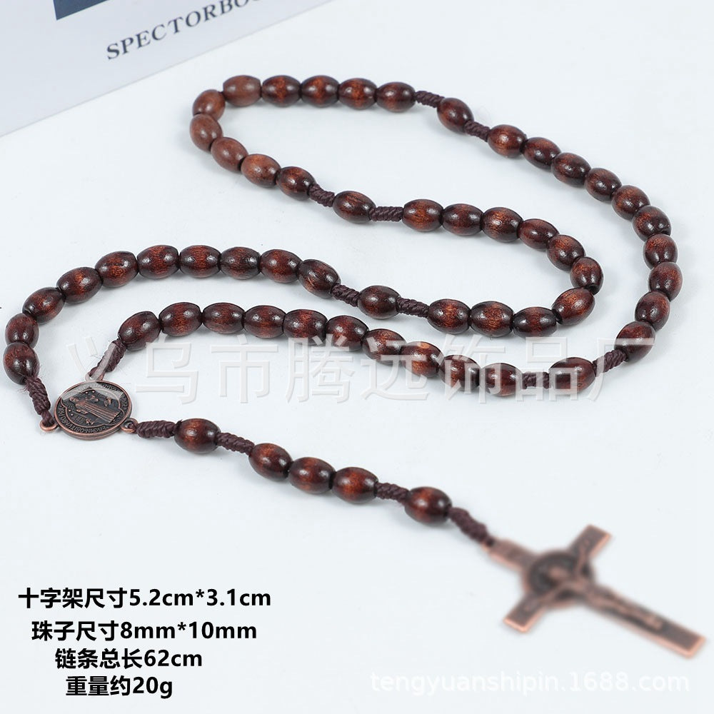 Wholesale 8*10mm wooden beads  cross alloy tag necklace