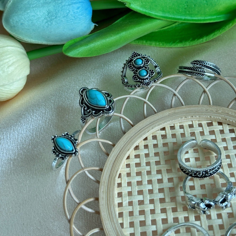 Wholesale Bohemian Style Light Luxury Elephant Feather Carved Cold Style Finger Ring Set