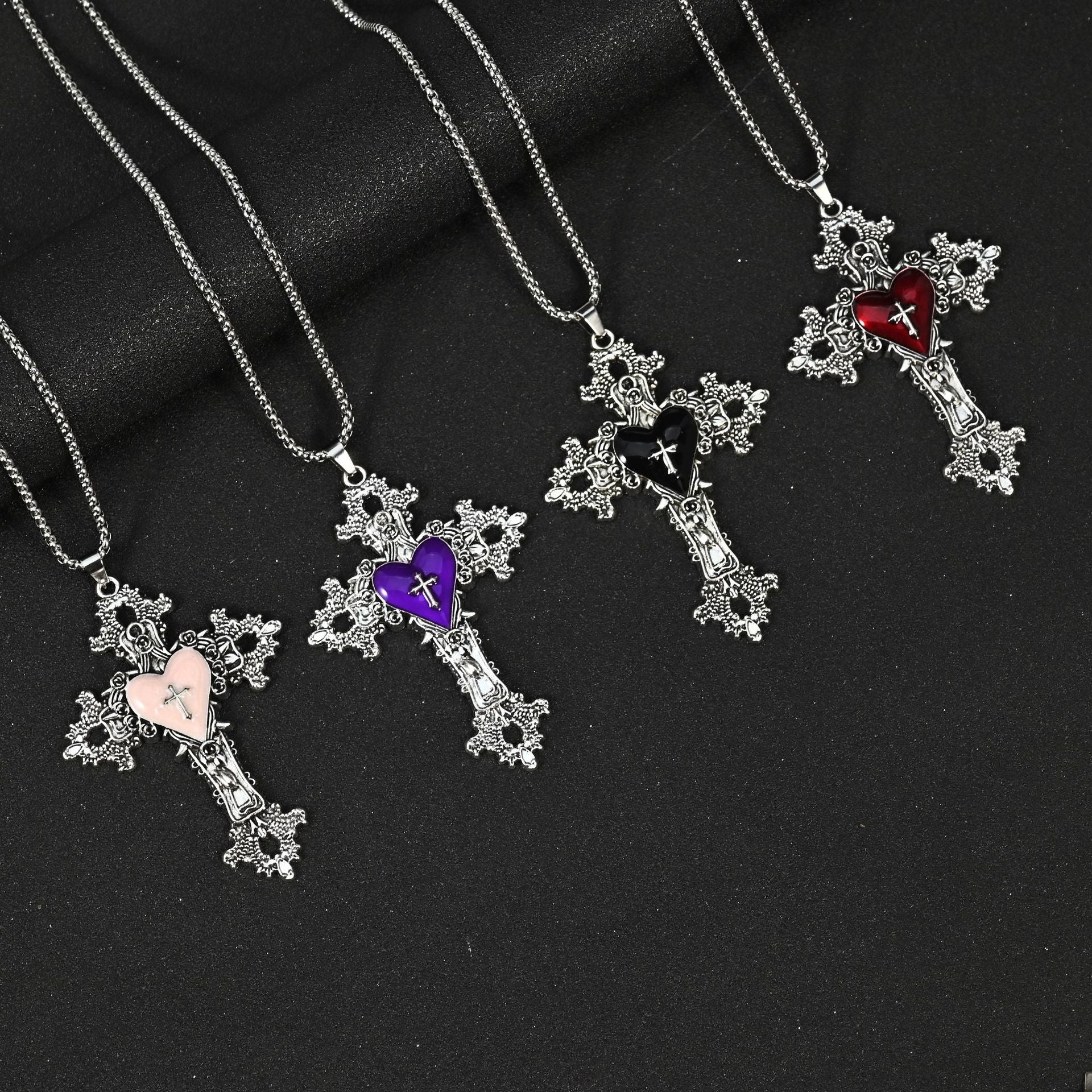 Wholesale Gothic Vampire Punk Rock Cross Pendant Necklace Pink Enamel Finish Stainless Steel And Zinc Alloy Square Pearl Chain Jewelry Accessory For Boutique Resale