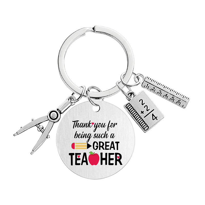 Wholesale Color Printing Gratitude Teacher Compasses Ruler Metal Keychain Holiday Gift Teacher's Day Pom Pom ACC-KC-Ganggu015