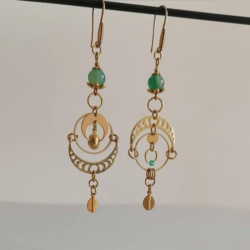 Wholesale Retro Moon Phase Hollow Alloy Earrings,  Jade Leaf Pattern,  Electroplated Finish,  Party Gift,  Boutique Resale