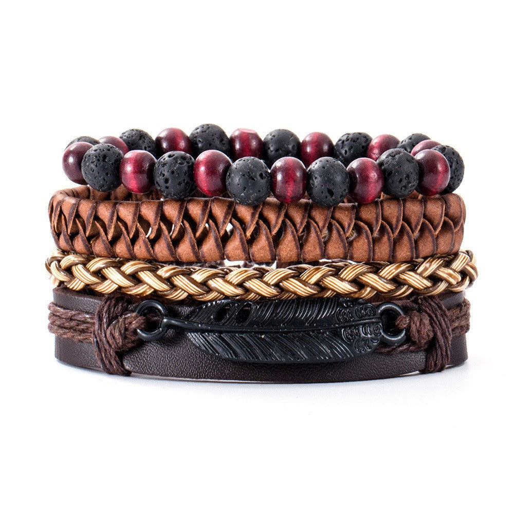 Wholesale Multi-layer Leaves Retro  Volcanic Stone Alloy Feather Leather Bracelet