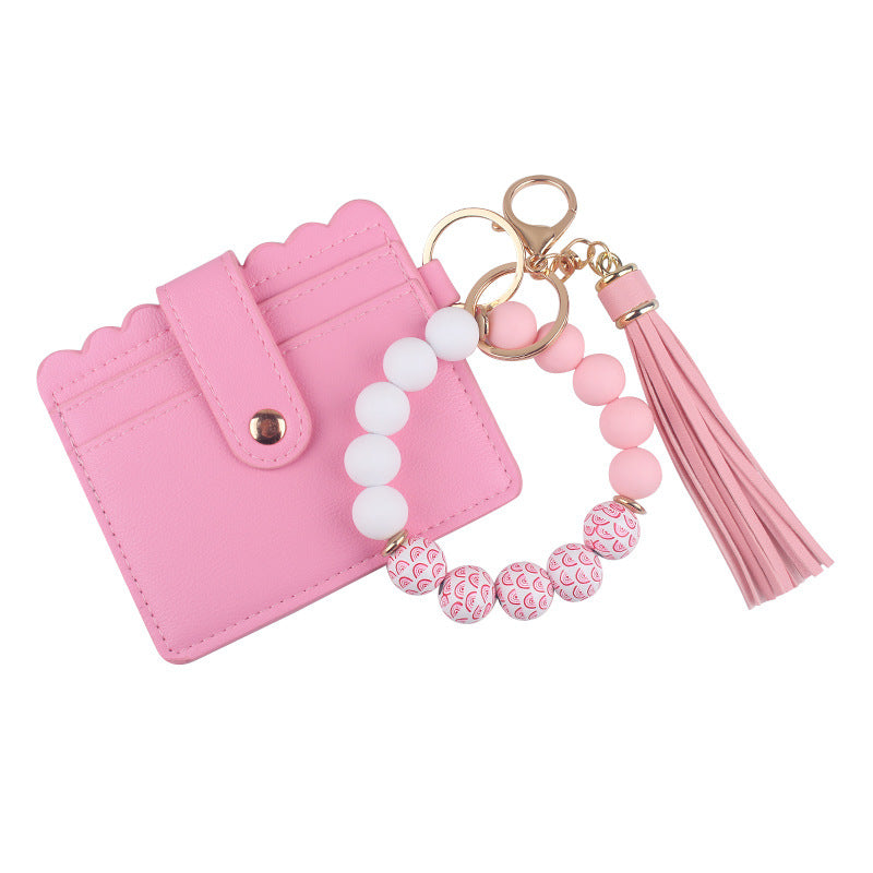 Wholesale  Cartoon Valentine's Day Printed Wooden Beads Pink Card Holder Bracelet PU Leather Tassel Wallet Keychain