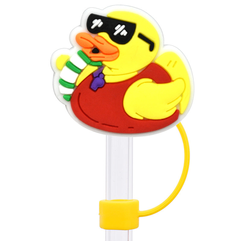 Wholesale Random 100pcs Cartoon yellow duck   10mm PVC Soft Straw Tube Cap