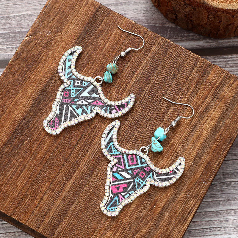 Wholesale western Denim-style cow head color leather earrings