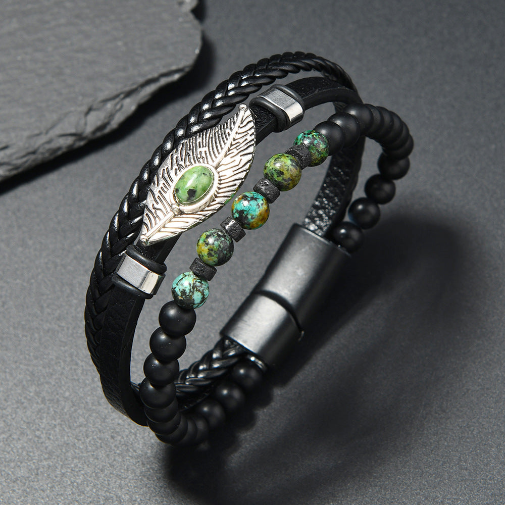 Wholesale Magnetic Buckle Alloy Bracelet with Feather Element and Turquoise Inlay for Men