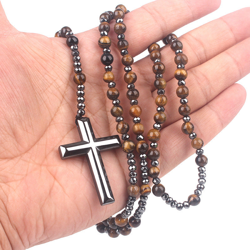 Wholesale Religious Gallstone Cross Pendant Natural Black Glitter Obsidian Lapis Necklace