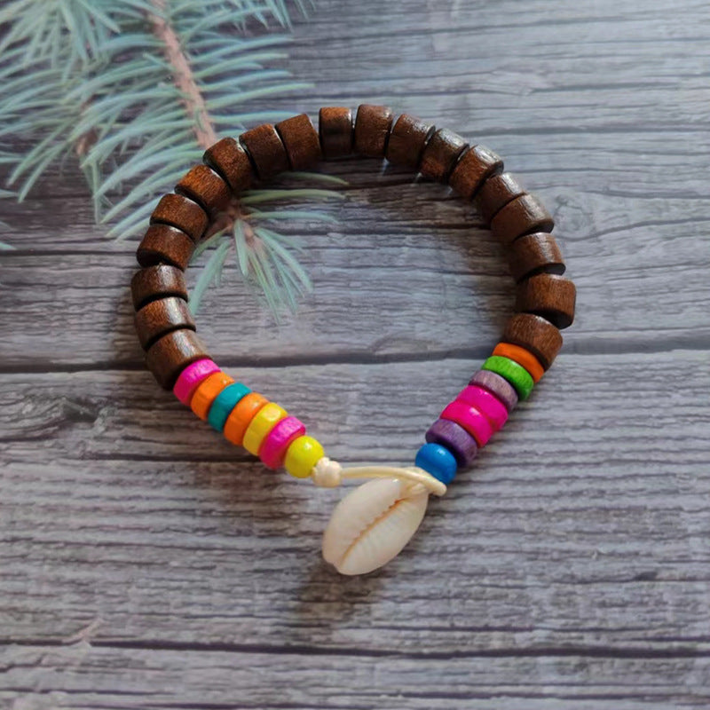 Wholesale Boho Devil's Eye Colored Wooden Beads Natural Shell Bracelet ACC-BT-Youl012