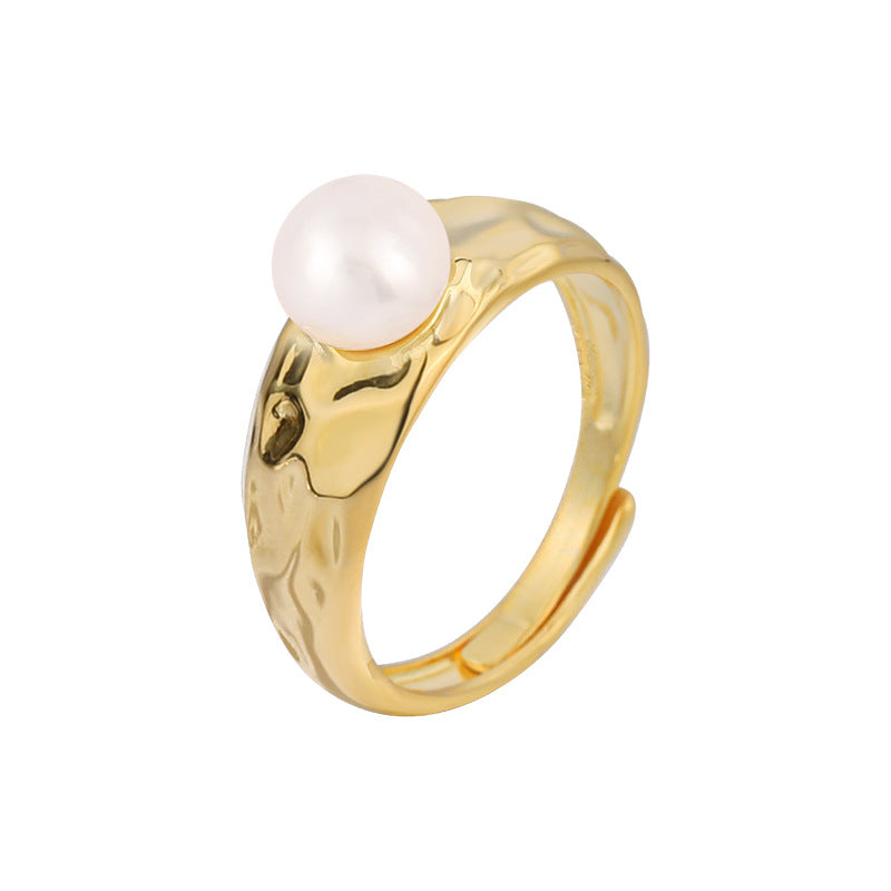 Wholesale  texture irregular concave surface S925 silver freshwater pearl ring