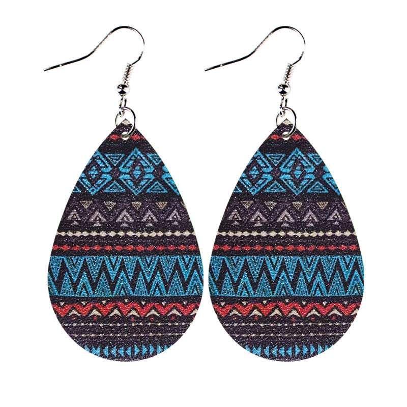 Wholesale Western Style Ethnic Totem Pattern Striped Leather Drop Shape  Earrings