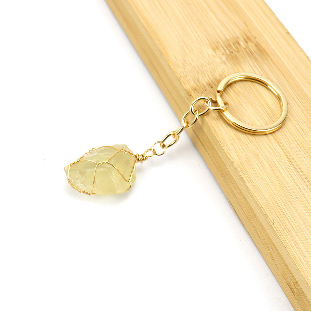 Wholesale Gold Wire Wound Natural Crystal Rough Stone Keychain ACC-KC-HanX006