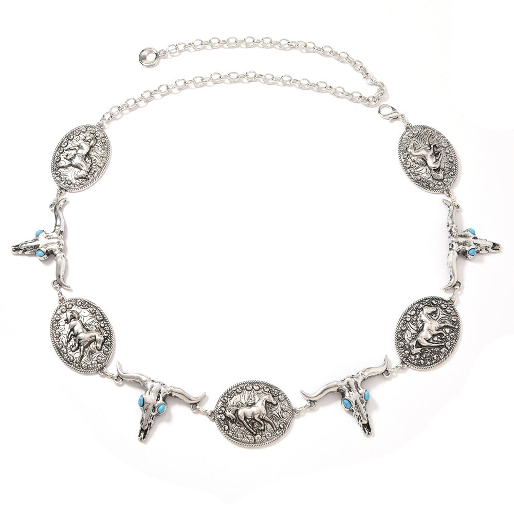 Wholesale Metal vintage Western-style bull head and horse waist chain