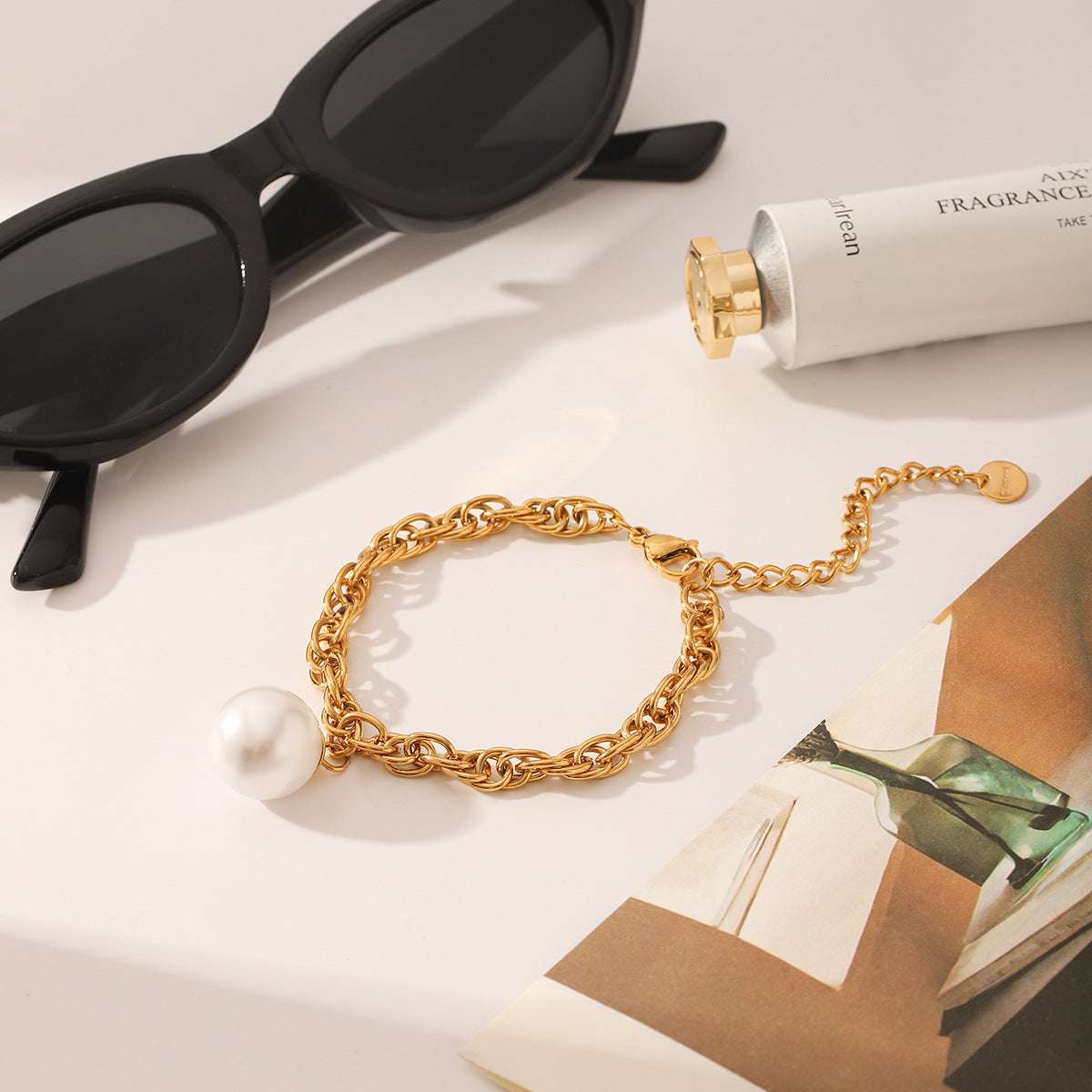 Wholesale Stainless Steel 18K Gold Pearl Pendant Bracelet