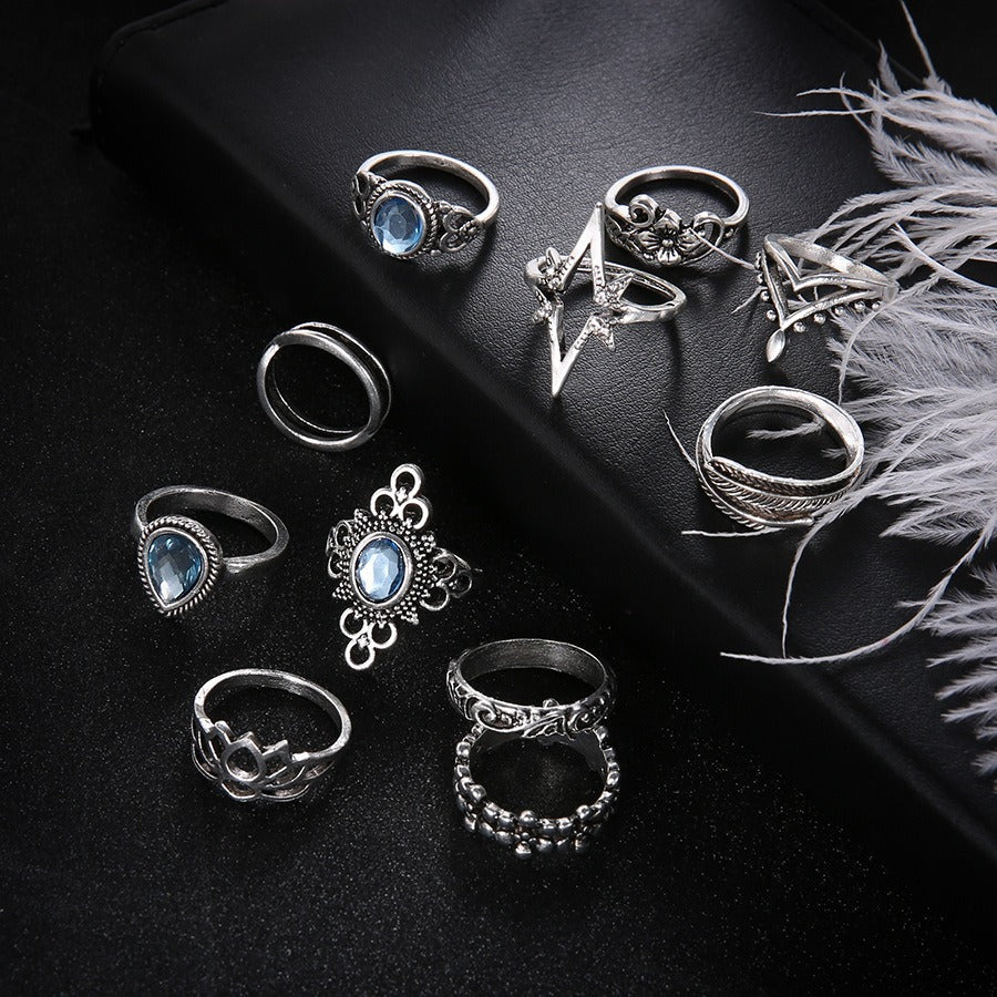 Wholesale Retro Style Diamond-Encrusted Carved 11-Piece Set of Ring Jewelry