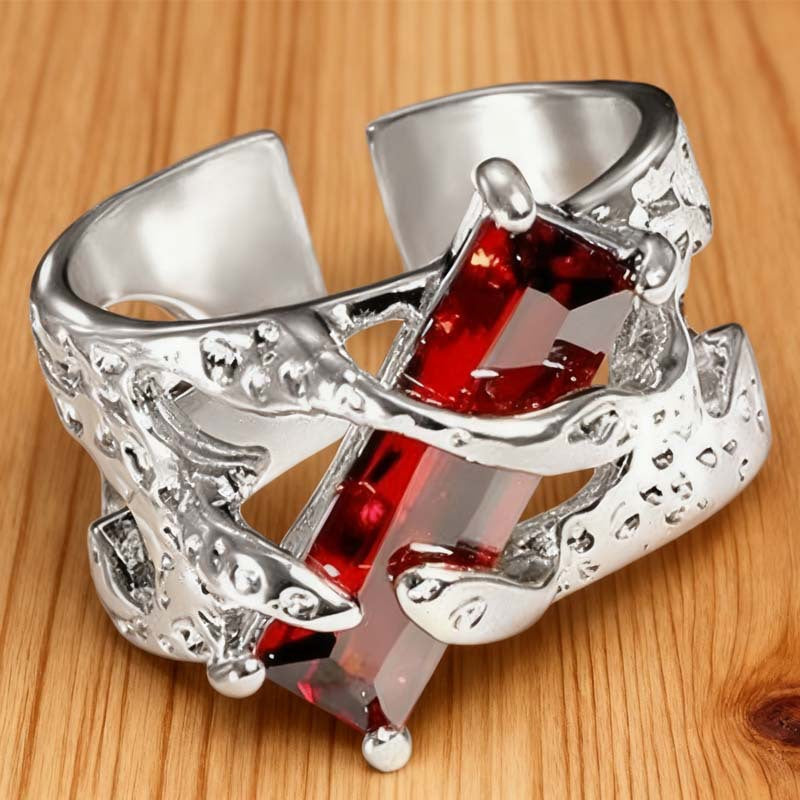 Wholesale Retro Red Geometric Gemstone Design Ring for Men and Women Niche Personality Punk Dark Hollow Texture Metal Ring