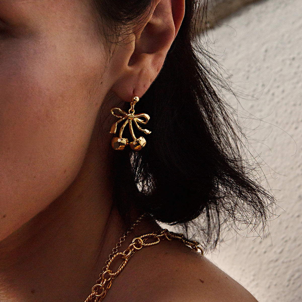 Wholesale  18K Gold Stainless Steel Bow Cherry Pendant Earrings