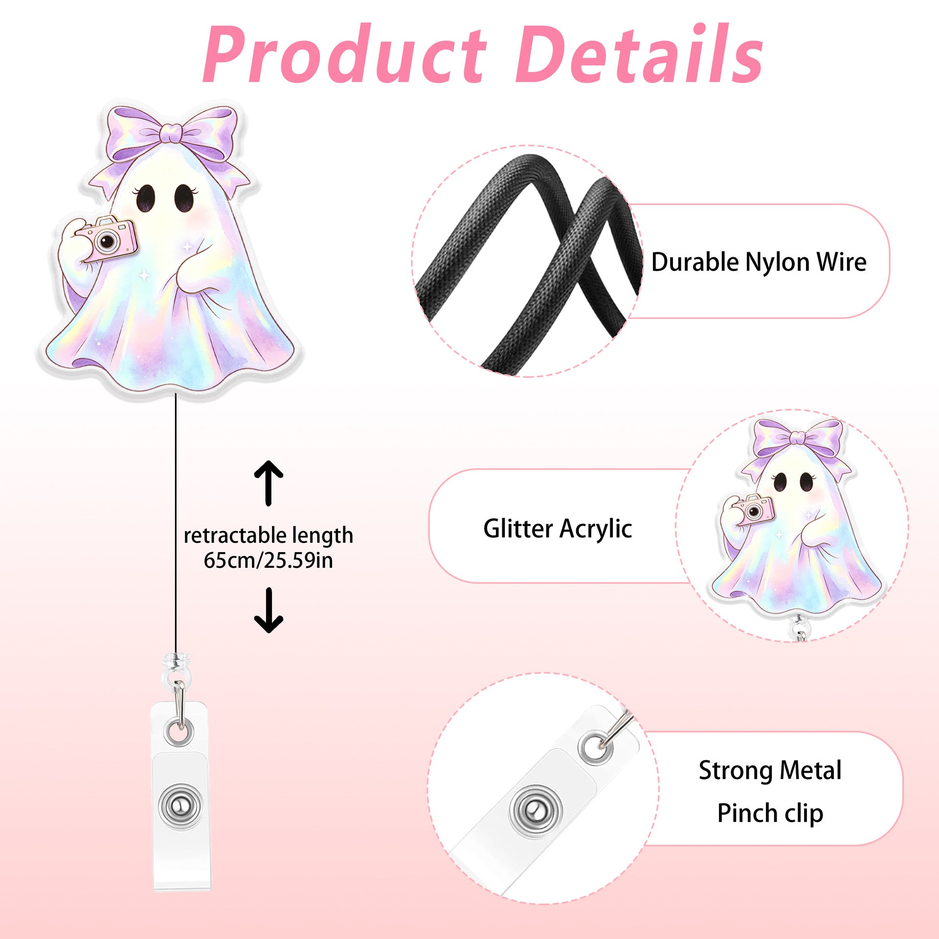 Wholesale Trendy Glitter Boo Ghost Retractable Badge Reel Plastic Car Key Accessory With Gradient Finish Decorative Party Gift