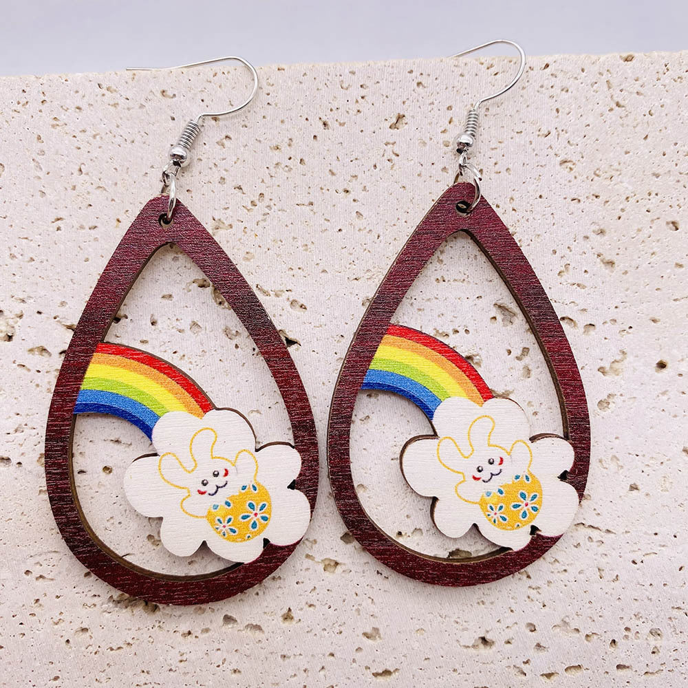 Wholesale Easter Rainbow Wooden Earrings  Teardrop Rabbit Earrings