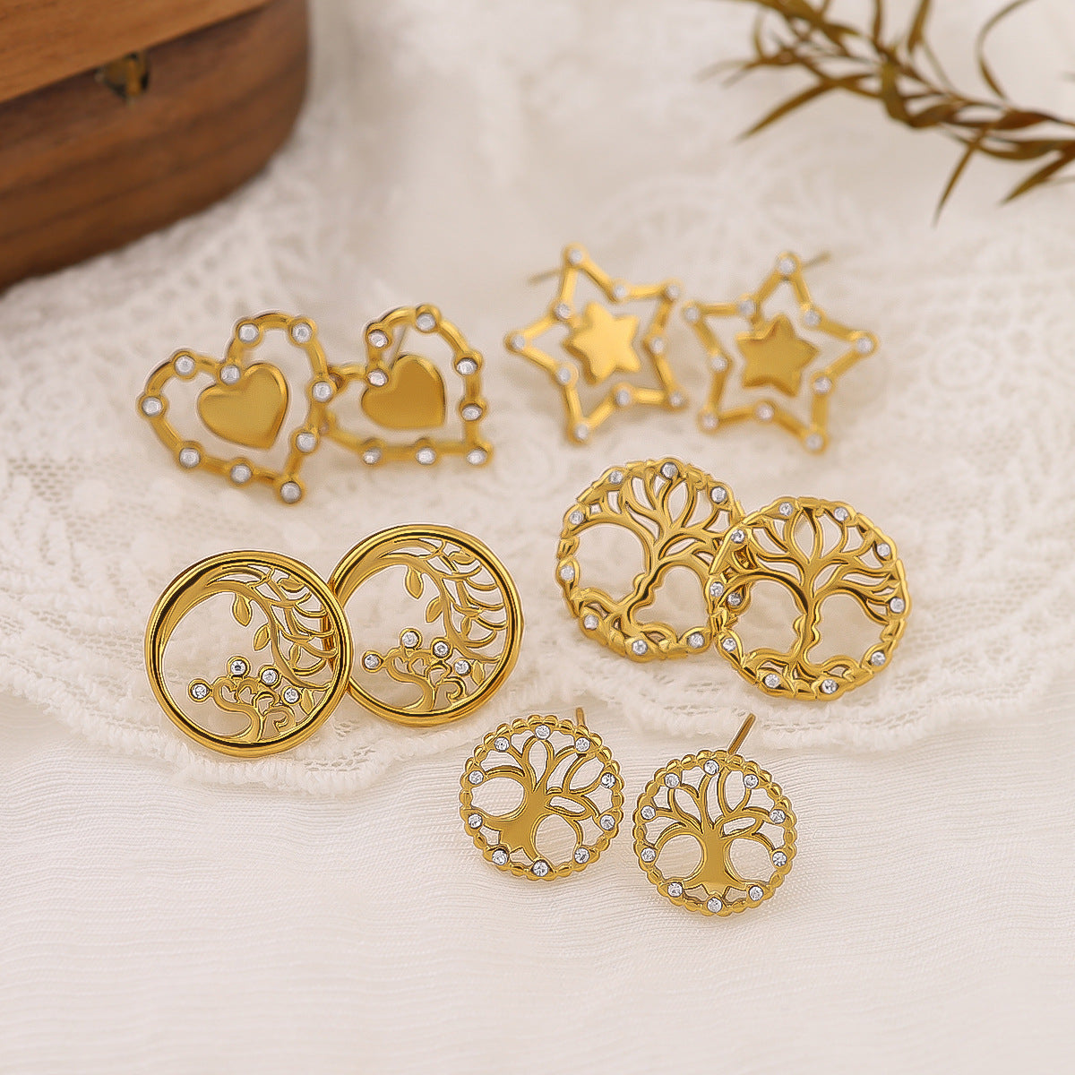 Wholesale Stainless Steel Hollow Tree of Life Diamond Earrings