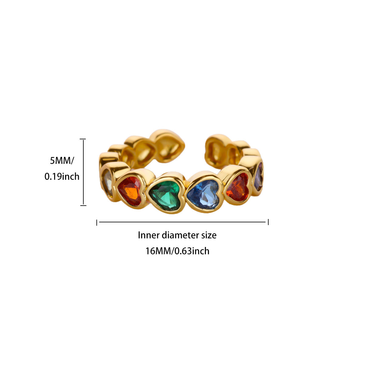 Wholesale Gold Plated Heart Shape Open Ring with Multicolor Zircon - Boutique Resale Jewelry Accessory