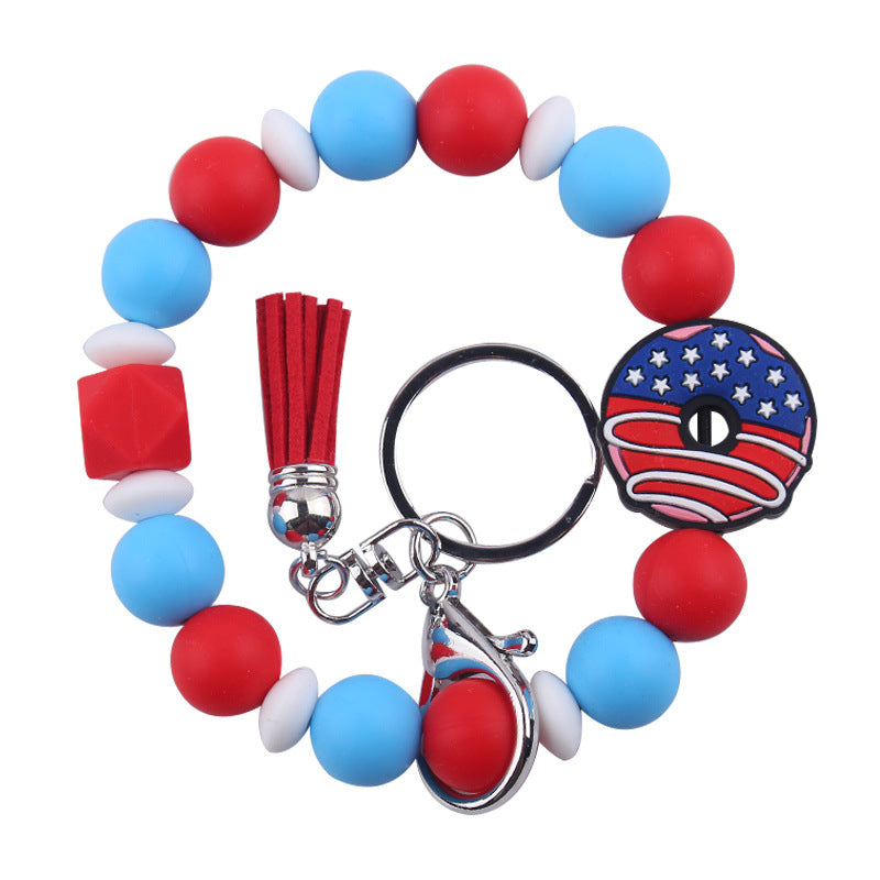 Wholesale Wristlet Keychain New Keychain Pendant Leather PU Short Tassel Silicone Beads Independence Day Bracelet Keychain ACC-KC-GuangTian037