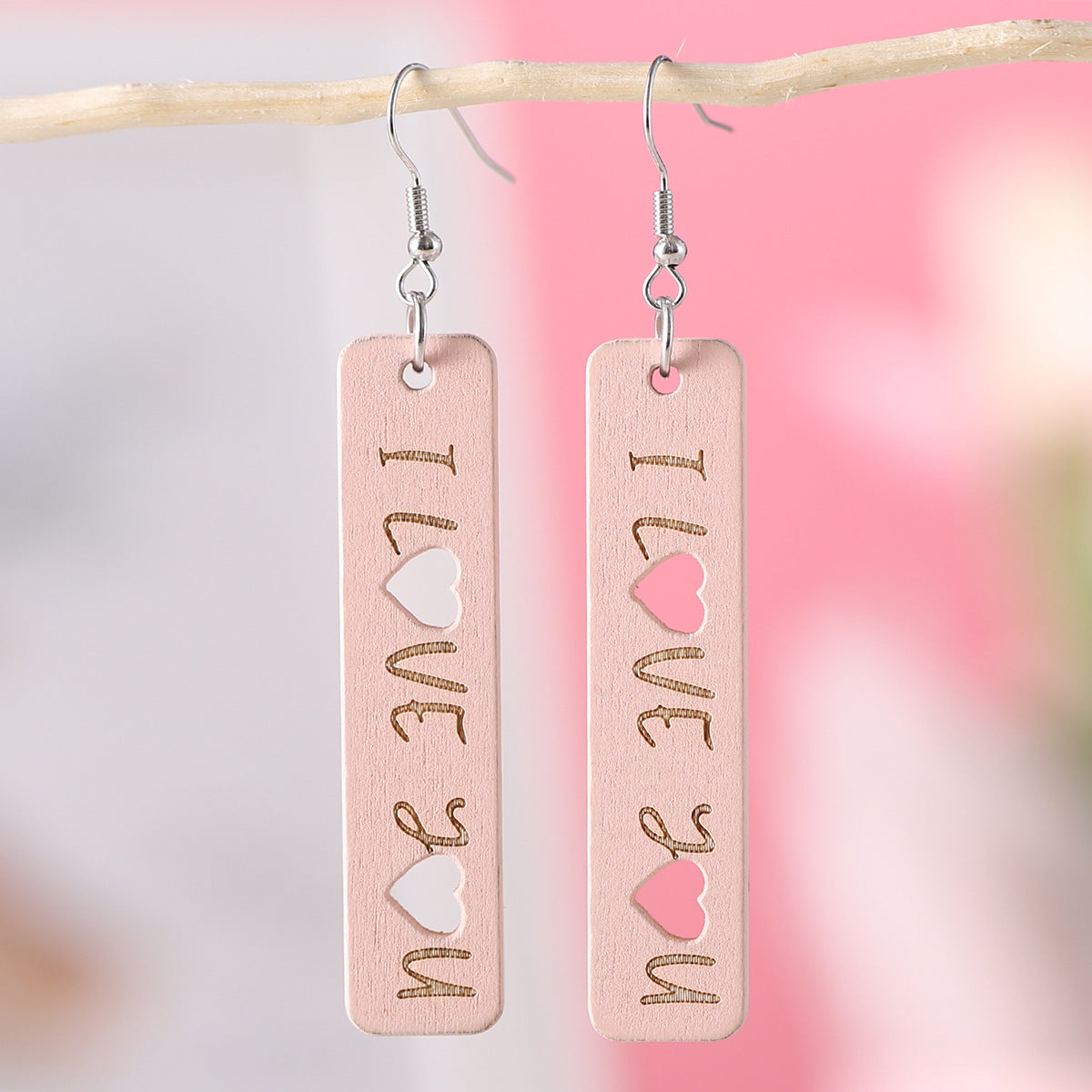 Wholesale Wooden Valentine' s Day hollow heart-shaped square earrings