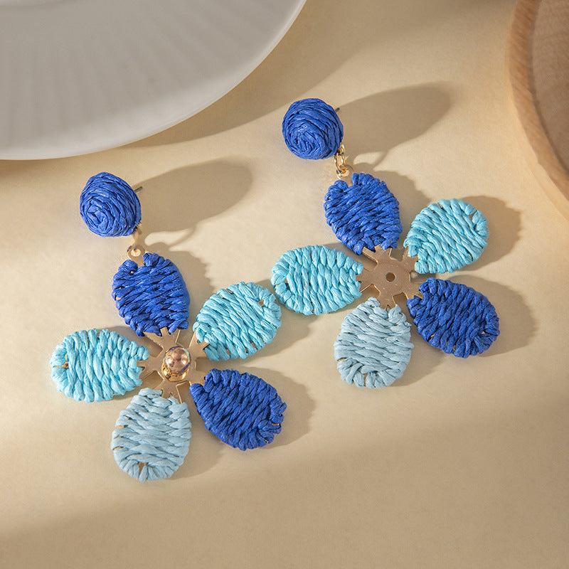 Wholesale Summer Vacation Colorful Woven Raffia Flower Earrings Women S Fashion Accessory Boutique Resale Gift