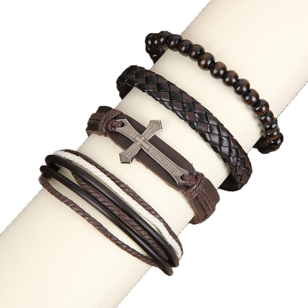 Wholesale Punk Cross Leather Woven Wood Bead Multi Layer Bracelet Retro Unisex Fashion Accessory For Gift