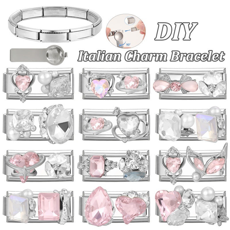 Wholesale Stainless Steel DIY Modular Pink Heart Pearl Crystal Bracelet - Chic Fashion Jewelry Accessory for Boutique Resale