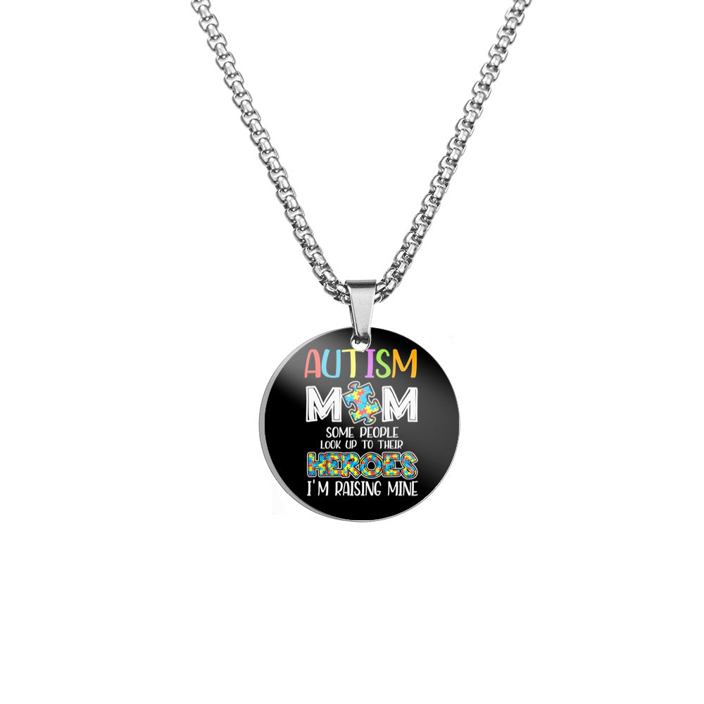 Wholesale Autism MOM Puzzle Color Printed Pendant Stainless Steel Necklace Mother's Day ACC-NE-HuanYu004