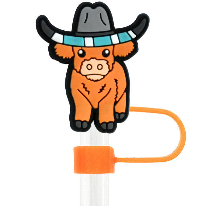 Wholesale Random 100pcs Cartoon West Highland Cattle 10mm Straw Tube Cap ACC-SCR-RYY064
