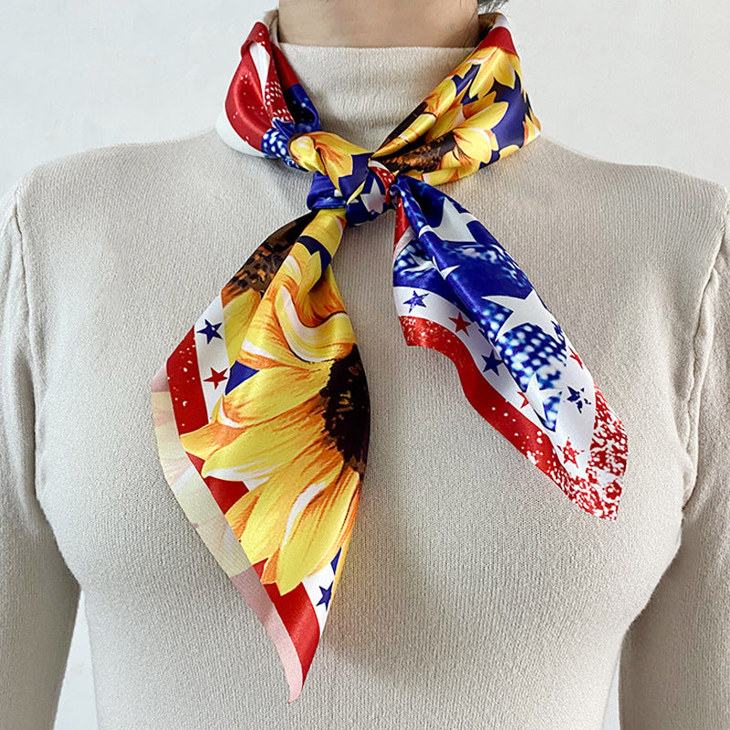 Wholesale 70cm  sunflower scarf July 4th American flag printed square sunflower lady silk scarf