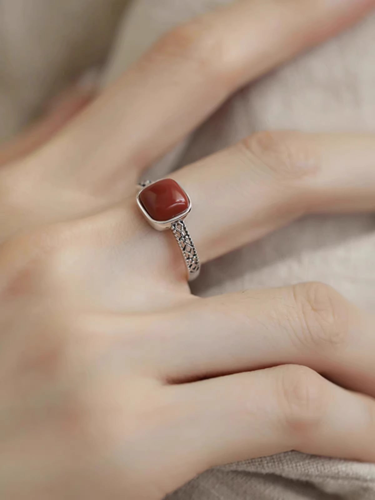 Wholesale 925 Sterling Silver Southern Red Agate Small Square Sugar Ring