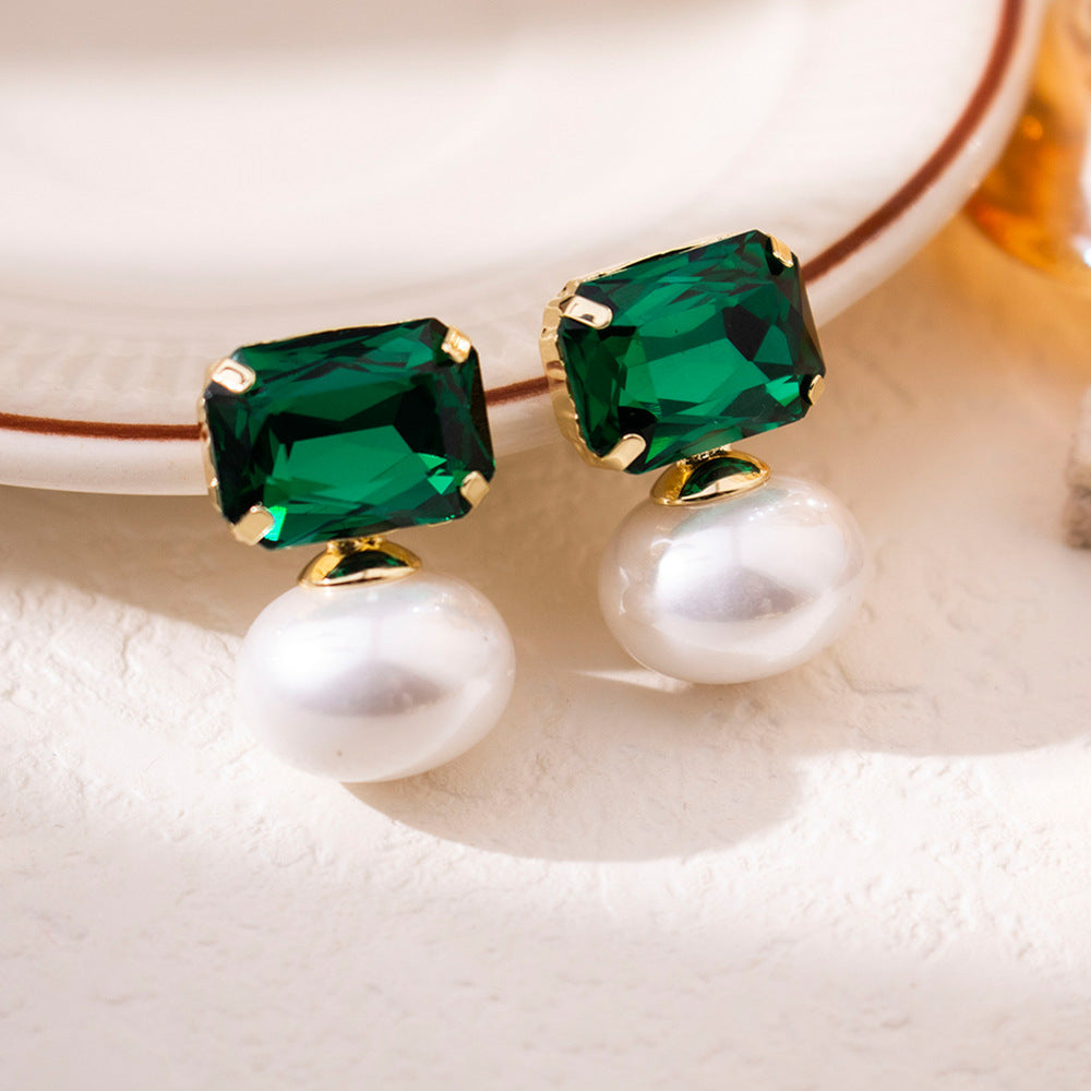 Wholesale Silver Needle  Zircon Large Pearl Earrings Retro Light Luxury Colorful  Earrings