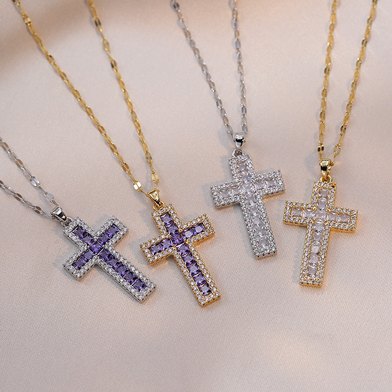Wholesale Stylish Copper Zircon Cross Pendant Necklace Gold White Color Women S Fashion Accessory Boutique Gift