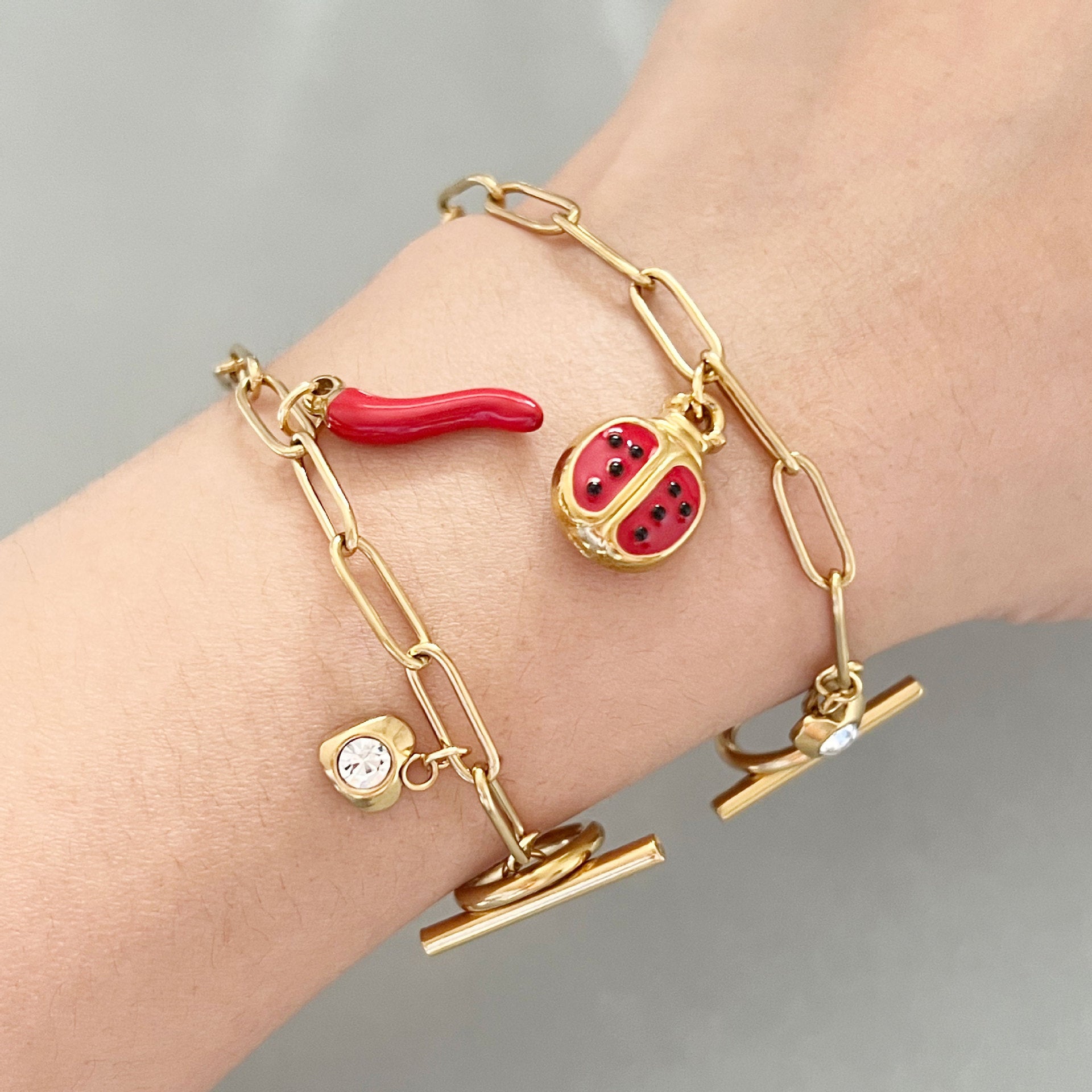 Wholesale 18K Gold-Plated Stainless Steel Heart Cherry Bracelet