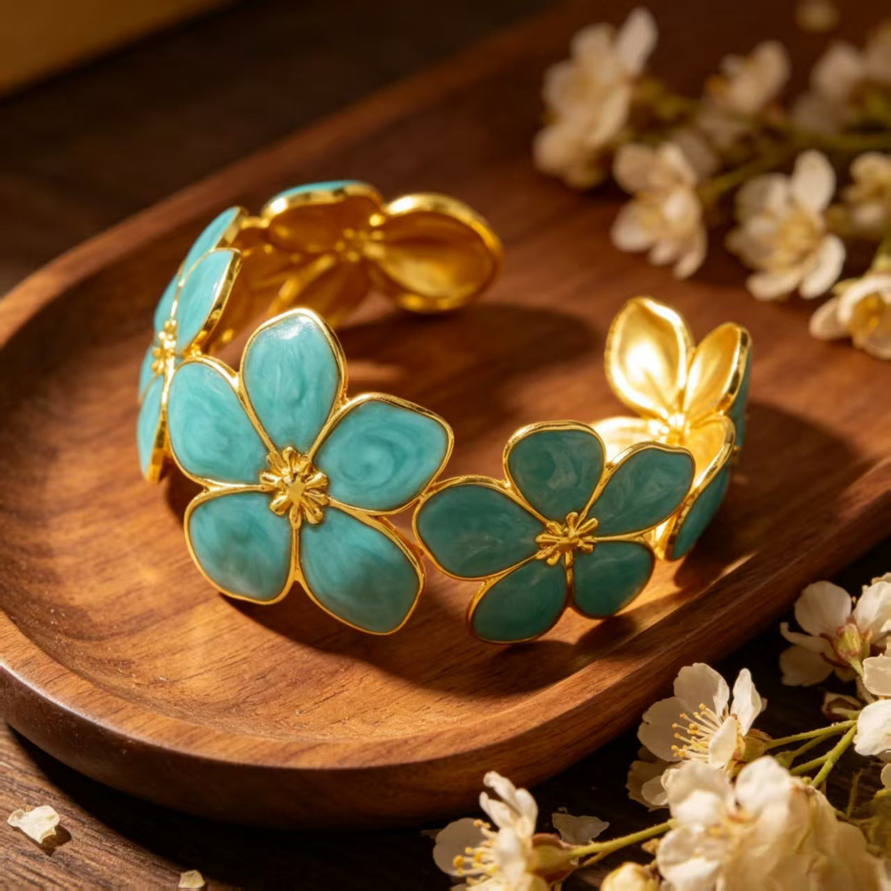 Wholesale French Style Camellia Drip Glaze Five-color Vibrant Textured Open Bangle