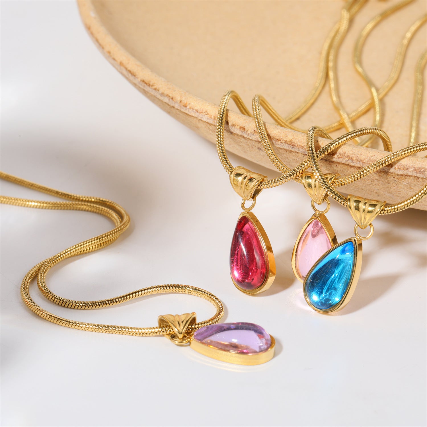 Wholesale 18K Gold Plated 12 Birthstone Titanium Steel Water Drop Necklace