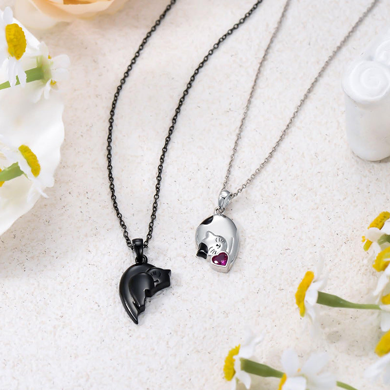 Wholesale Couple Splicing Love Black and White Cute Cat Necklace