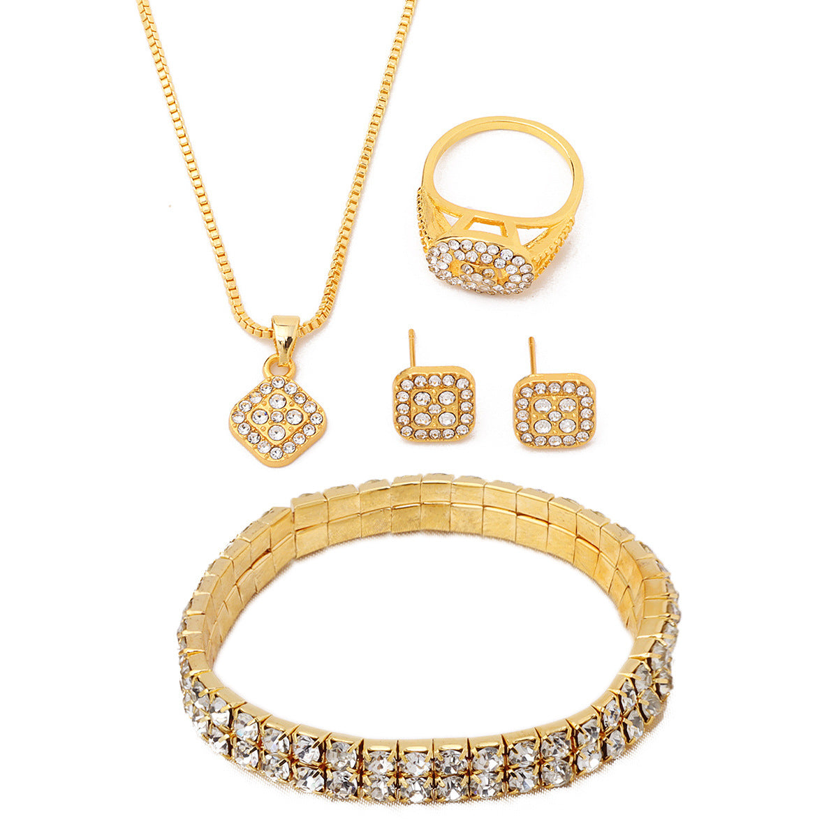 Wholesale light luxury diamond geometric necklace ring earring 4-piece set  jewelry set