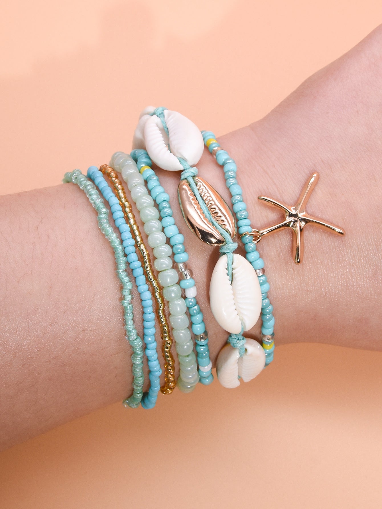 Wholesale Bohemian Beach Style Bracelet Set Summer Dopamine Starfish Rice Beads Shell Bracelet Six-piece Set ACC-BT-Yeb003