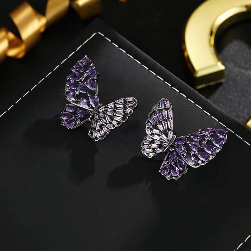 Wholesale Butterfly full inlaid  luxury elegant 925 silver needle stud earrings