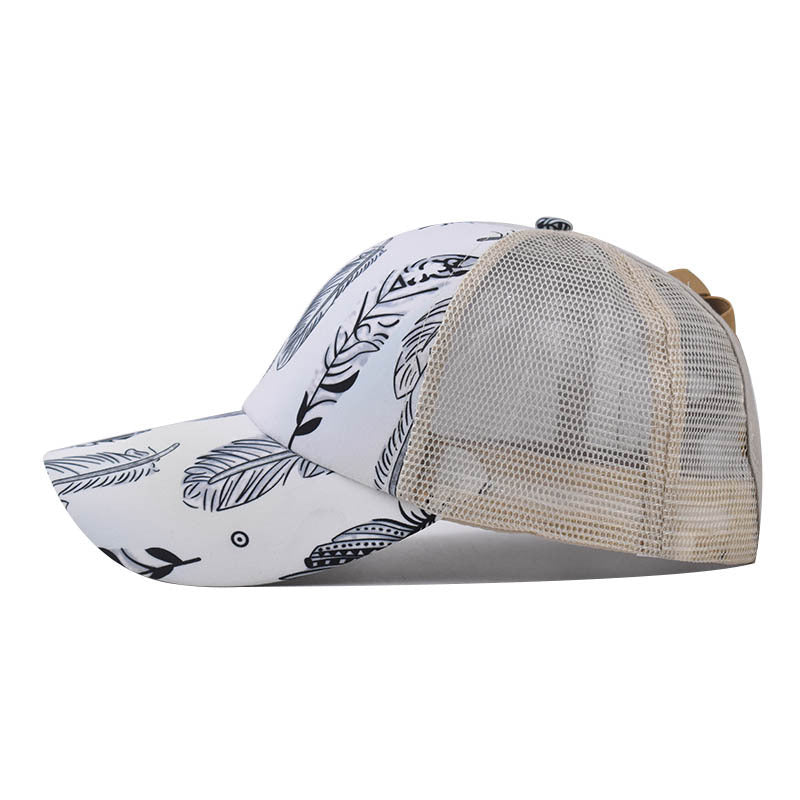 Wholesale Fashion Women S Feather Print Ponytail Baseball Cap With Adjustable Back Opening