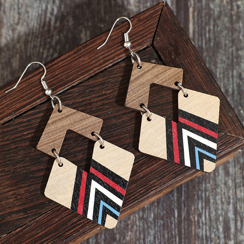 Wholesale Retro Wooden Two-Color Striped Double Diamond and Heart Earrings for Women